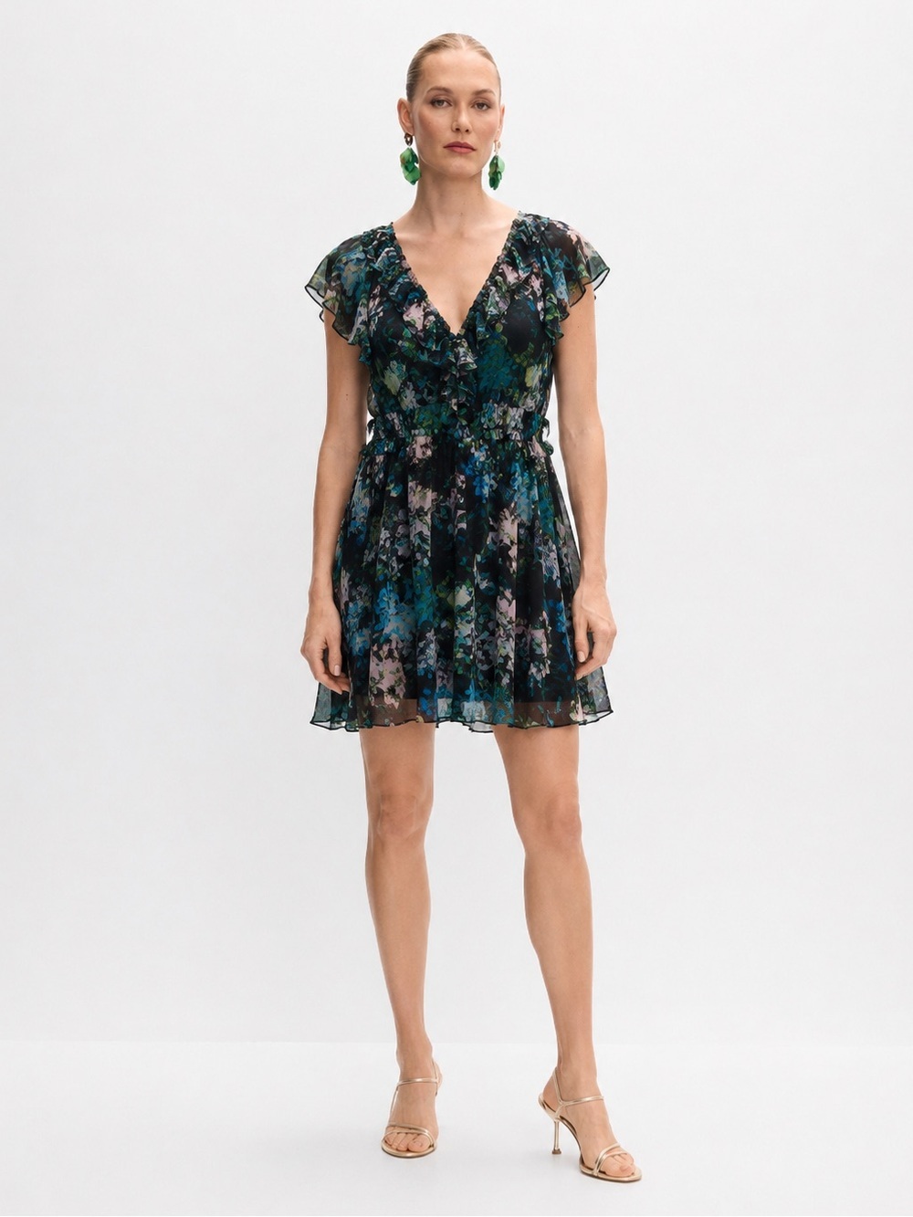 Melanie Lyne Chiffon Ruffle V-Neck Flutter Sleeve green floral Mini Dress sz XL